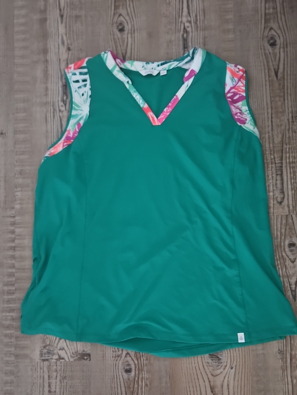 Lady Hagen Teal Sleeveless V-Neck Tank with Tropical Print Trim